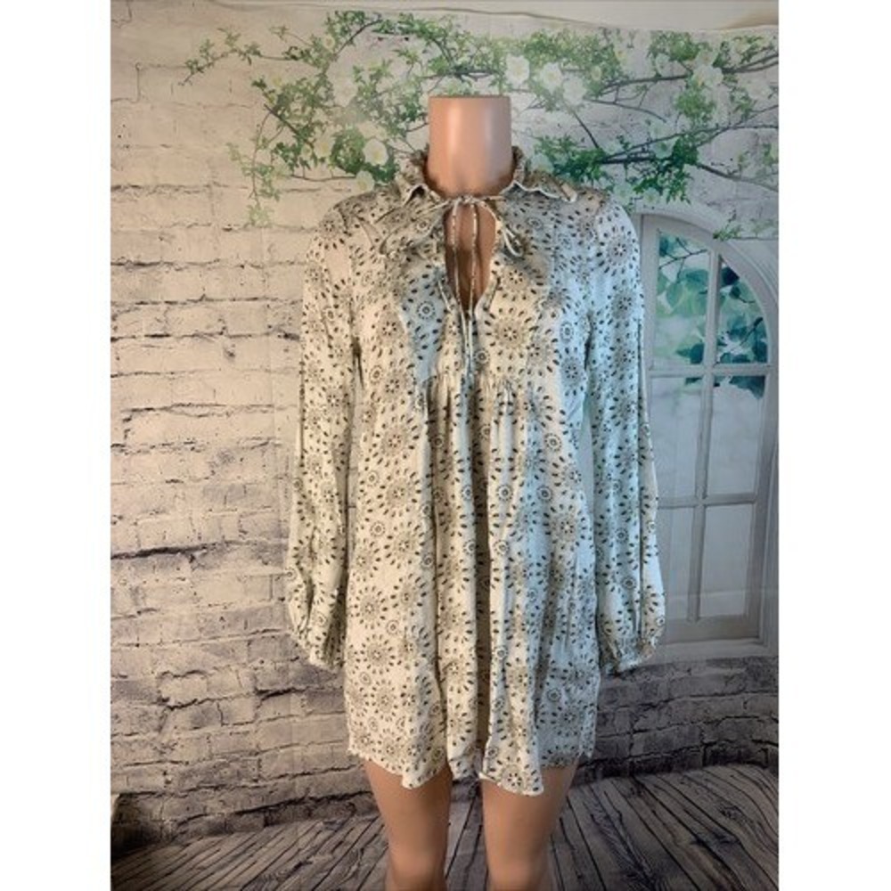 Zara boho dress mini eyelet cream tassels green tier LG flowy viscose comfort EC